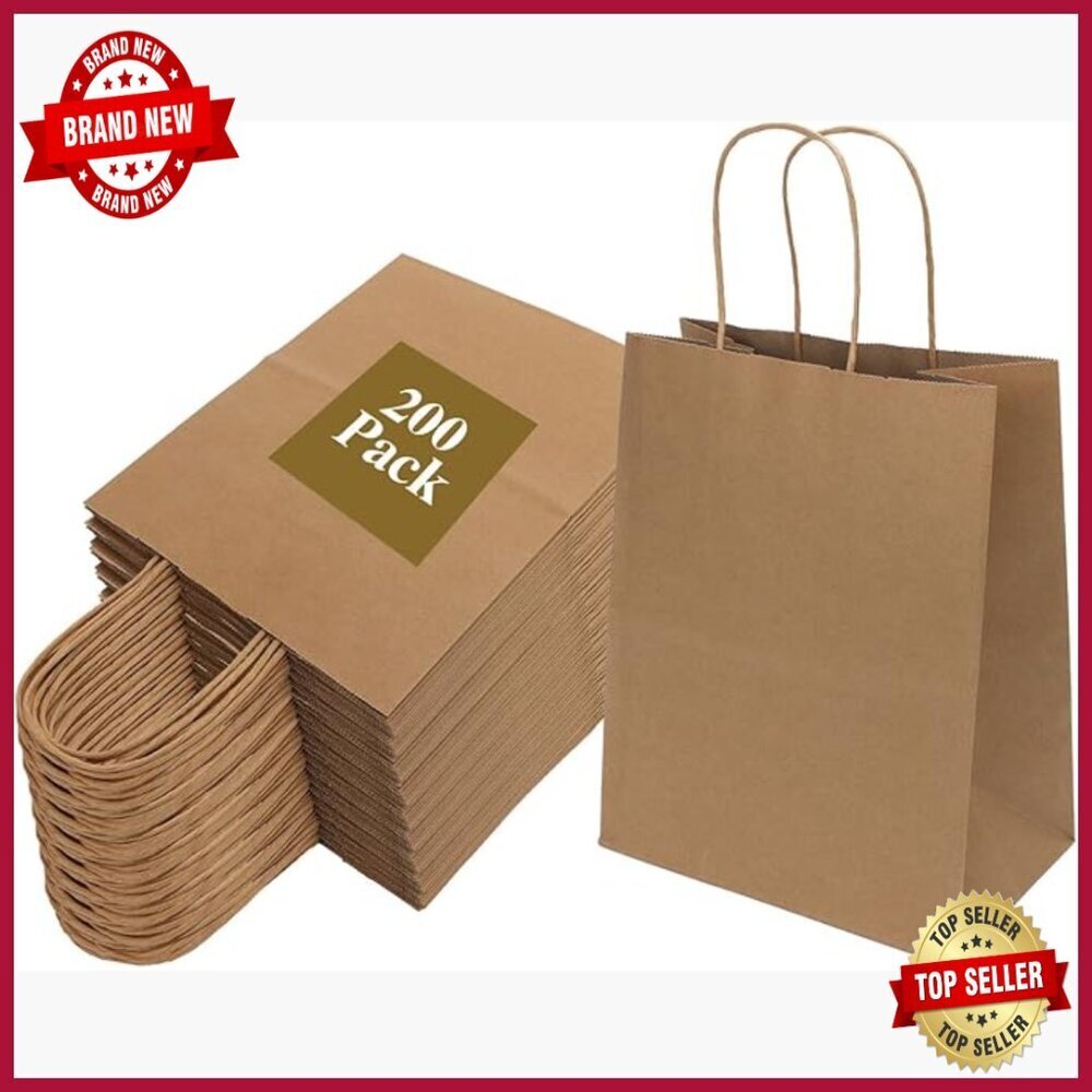 200 Pack Medium Kraft Paper Gift Bags with Handles Bulk 8x4.75x10 Inch